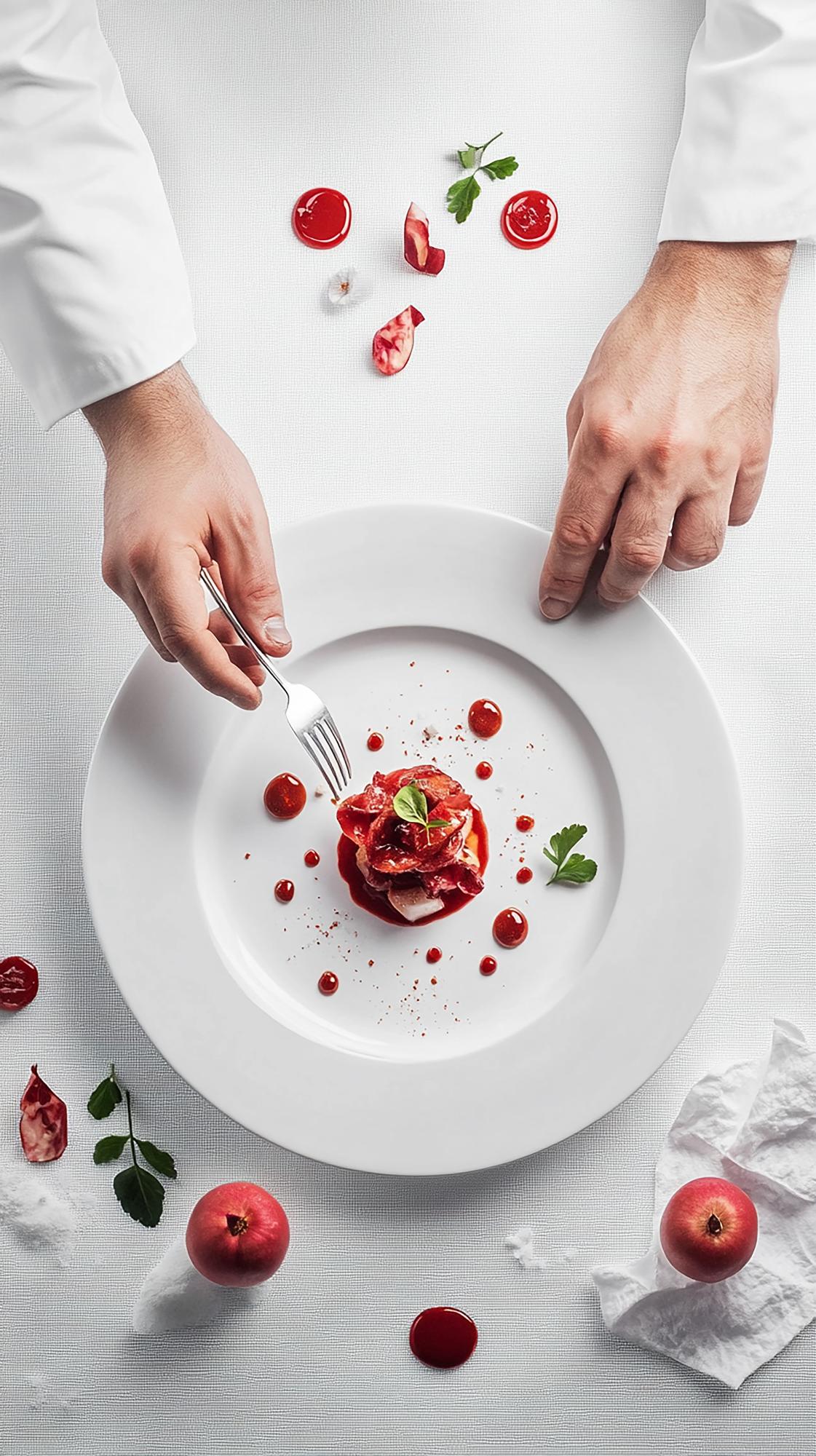 Chef arranging a plated dish in a warm studio